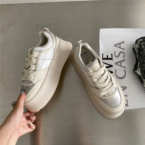 Women's  Autumn New Style Sporty Casual Hong Kong Style Round Head Versatile White Shoes Thick Sole Big Head Pan Bread Shoes