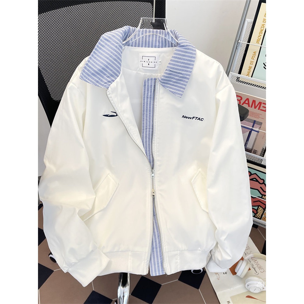 美式复古绣花假两件翻领棒球服男女秋季情侣撞色翻领拼接夹克外套