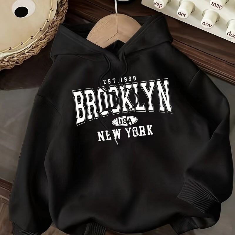 Cross-Border Women's Brooklyn New York Style Hoodie - Casual, Long Sleeves with Drawstring