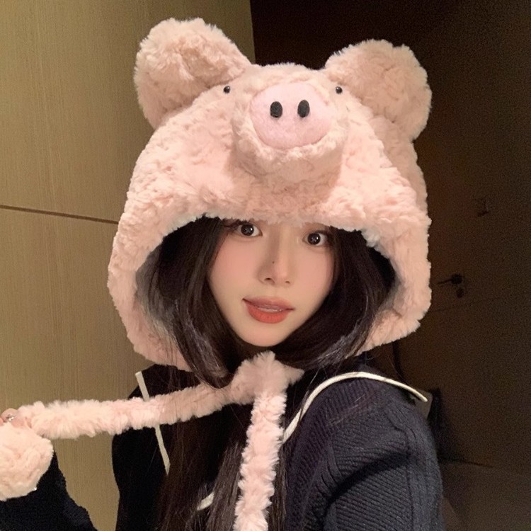 Cute Pig Plush Pullover Hat for Girls in Winter Outdoor Skiing Lei Feng Hat to Keep Warm and Cold-Proof Ear Protection Student Baotou