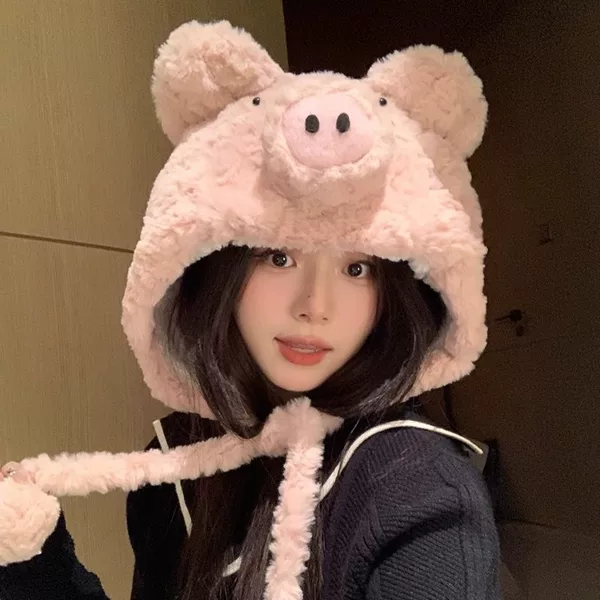 Cute Pig Plush Pullover Hat for Girls in Winter Outdoor Skiing Lei Feng Hat to Keep Warm and Cold-Proof Ear Protection Student Baotou