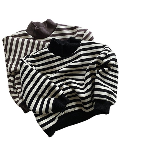 Polar fleece striped sweatshirt 2024 autumn and winter new style for boys and girls plus velvet thickened mid-high collar pullover sweatshirt trendy