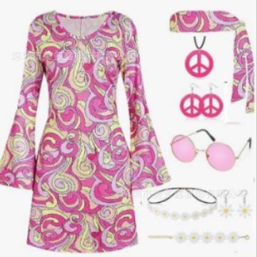 欧米の国境を越えたハロウィーン70年代のヒッピーディスコの服装のgoドレスの頭巾のワンピースの2つのセット|undefined