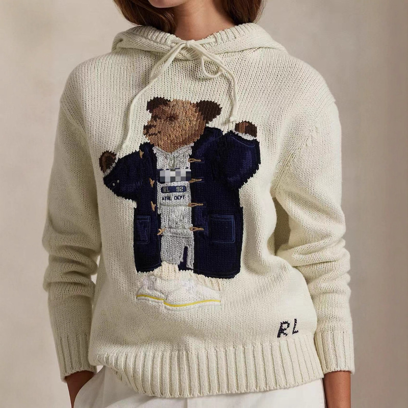 2025 Autumn and Winter Polo Bear Pure Cotton Hooded Knitted Long-Sleeved Loose British Style Age-Reducing Embroidered Bear Cartoon Sweater