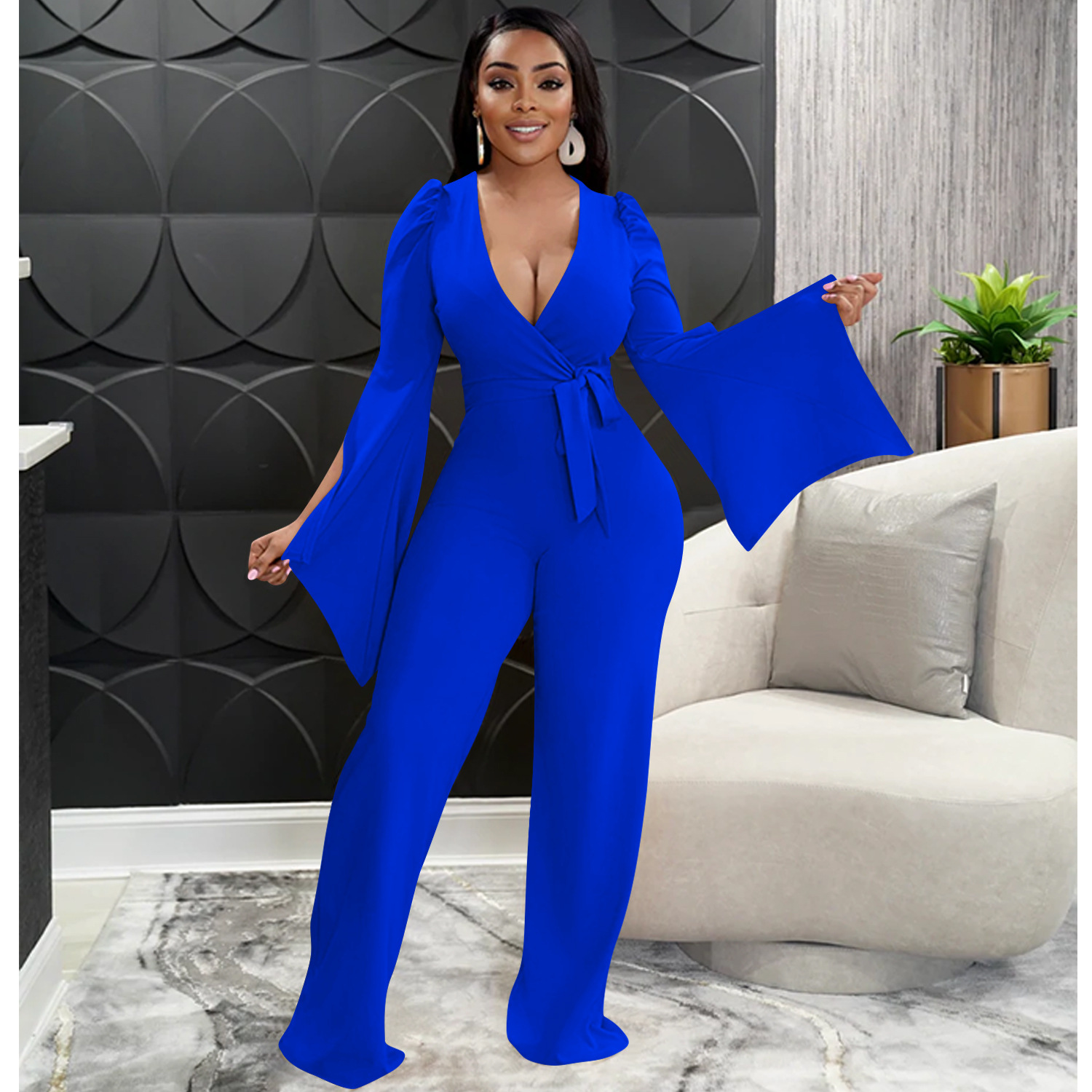 solid color deep V-neck straps wrinkled wide-sleeved jumpsuit NSXYZ138810