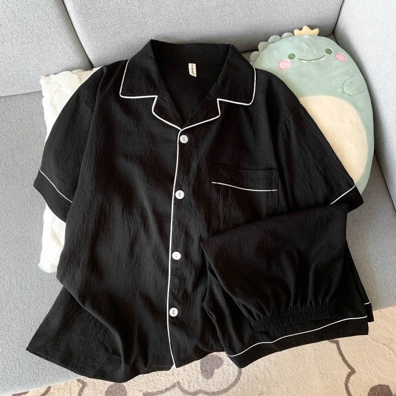 Verano hombre nube algodón doble corto dos piezas juego de pijamas simple color sólido con la solapa Cardigan ropa de hogar se puede usar fuera delgada