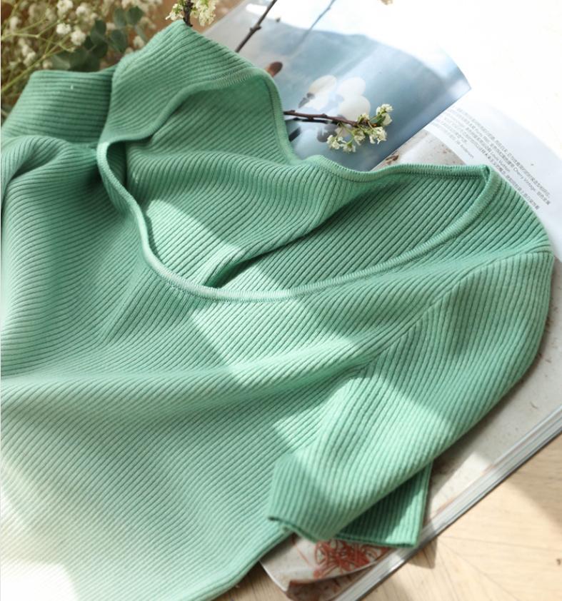 Áo thun nữ cổ U dệt kim lụa mát tay ngắn vai xuôi thiết kế Pháp thanh lịch — Xanh lá cây nhạtcolor, màu xanh huỳnh quang, hồng trắng chi tiết 3