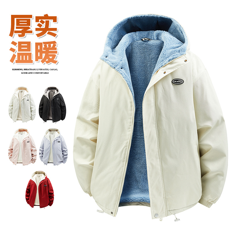 Dropshipping for teenagers' autumn and winter lamb fleece lined cotton jackets, loose-fitting hooded couple's outdoor warm cotton clothing wholesale