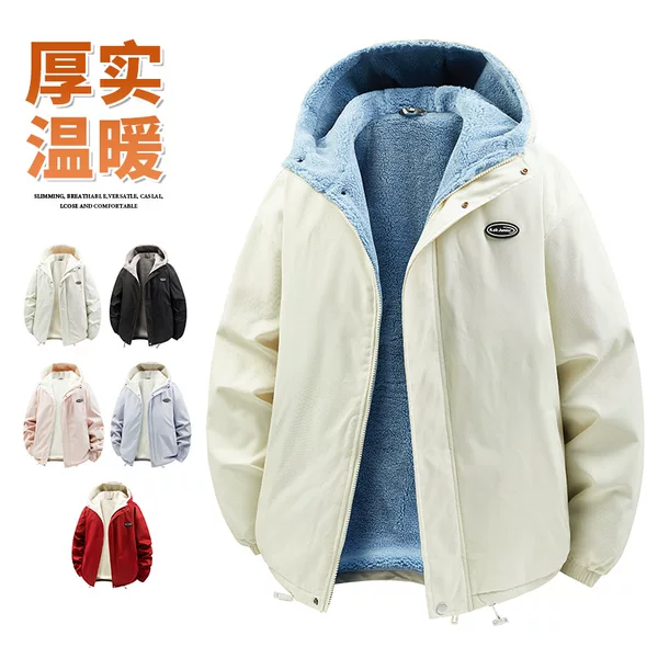 Dropshipping for teenagers' autumn and winter lamb fleece lined cotton jackets, loose-fitting hooded couple's outdoor warm cotton clothing wholesale