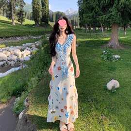 法式印花荷叶边连衣裙女夏日绝美海边度假辣妹独特漂亮收腰长裙子
