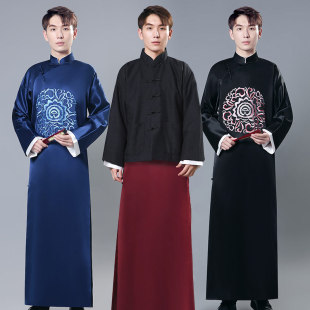 Chinese style groomsman Group dress stand collar long shirt embroidered ancient costume Republic of China young men Tang suit crosstalk dress host gown