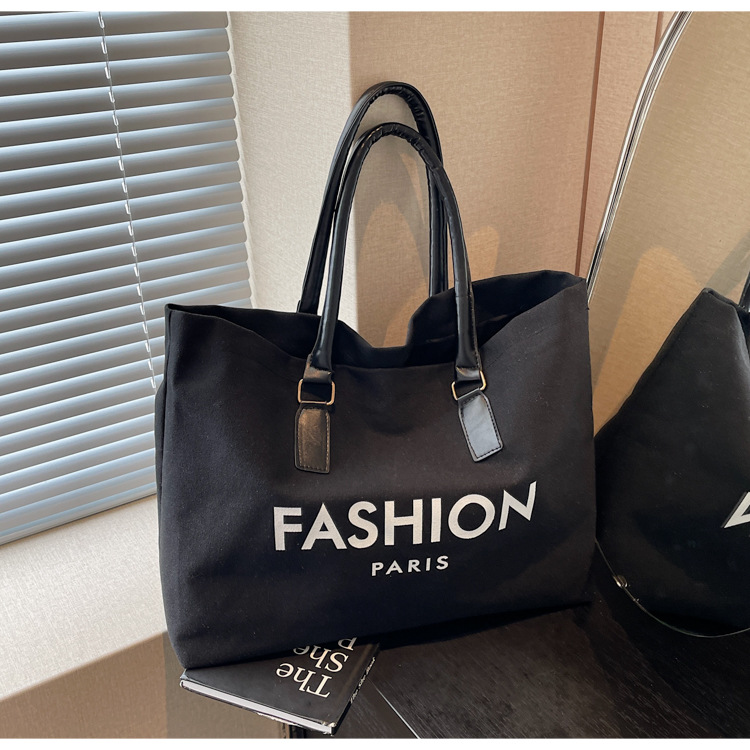 262g Weight Polyester Lining Material Open Closure Type Single Shoulder Strap Strap Type Tote Bag Bags Type Holiday, Daily Occasion Canvas Material Letter Pattern All Seasons Season Women's Gender Classic Style Style Square Shape Large Size Women's Large Canvas Letter Classic Style Square Open Tote Bag 14