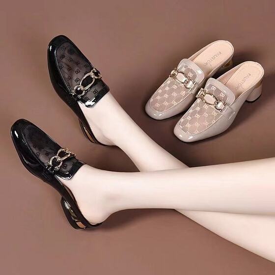 Cross-border Baotou Half Slippers Women's Summer New Mesh Gauze Middle Heel All-match Comfortable Soft Bottom Sandals and Slippers for Women