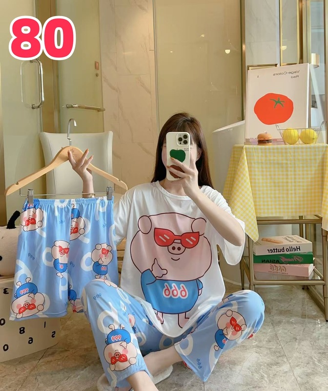 睡衣女夏季新款卡通三件套可爱简约休闲圆领家居服套装可外穿|undefined