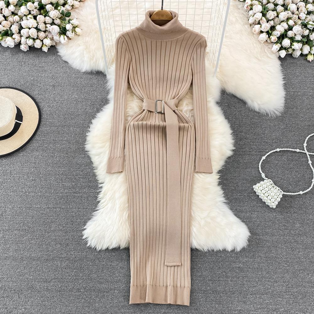 Women's Clothing autumn and winter sweater bottoming long skirt style goddess style high waist elastic tight knitted hip covering dress_voghion.com