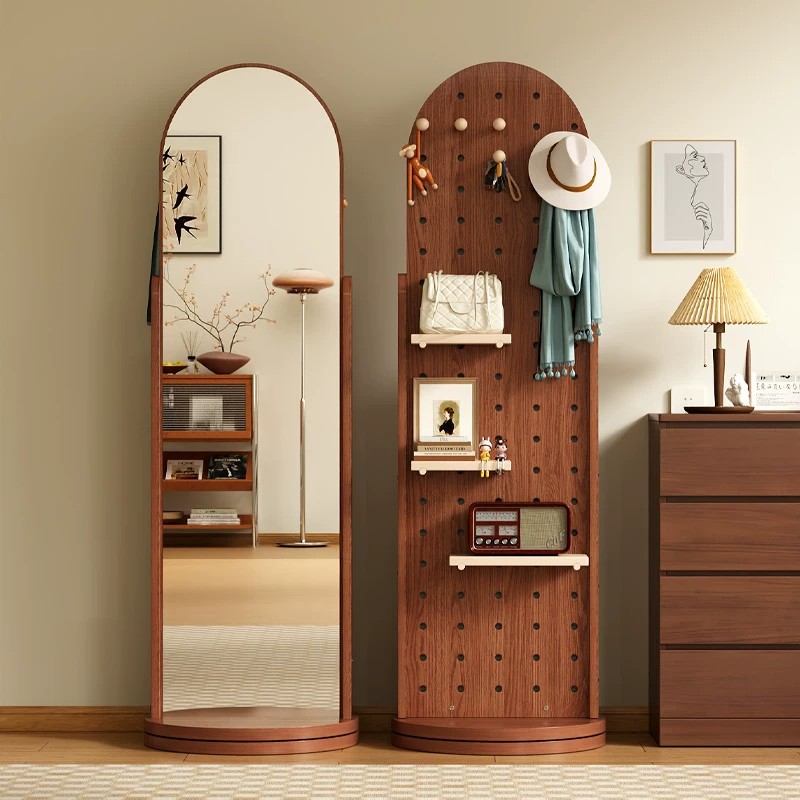 Perforated Board Dressing Mirror, Rotating Full-Length Mirror, Movable Floor Mirror, Home Use Clothes Rack Integrated Mirror, Fitting Mirror