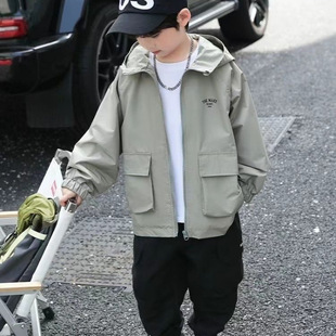 Children's Jacket Spring and Autumn New Boys' Coat Windproof Waterproof Hooded Top for Older Kids Korean Style Stylish Trendy