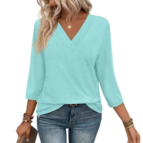 Women V Neck 3/4 Sleeve Knit Top Mint Blue Casual