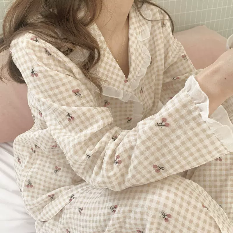 春秋款花边睡衣女杏色格子樱桃长袖宽松开衫可外穿家居服套装批发
