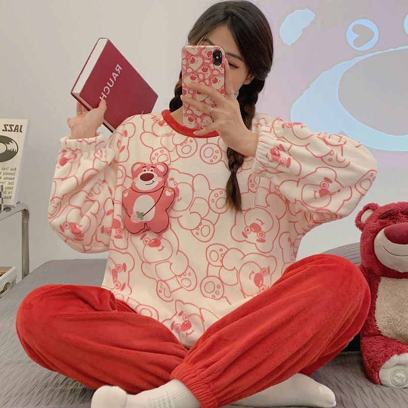 睡衣女秋冬季珊瑚绒加厚保暖韩版束口卡通可爱法兰绒家居服套装女|undefined