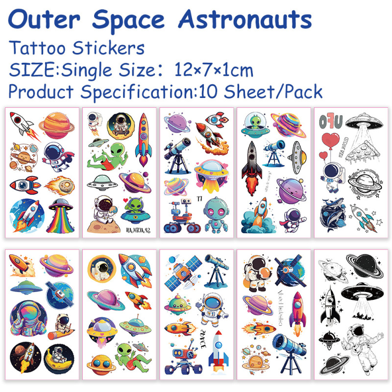 10 Sheets/Pack Cross-Border Cartoon Space Interstellar Astronaut Painted Tattoo Stickers Personalized Arm and Face Temporary Stickers