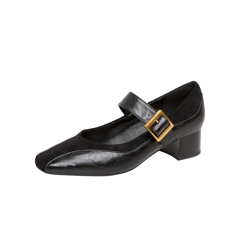 Primavera nuevo estilo retrógrado francés cabeza cuadrada hebilla de talón grueso zapatos de moda universal zapatos de boca superficial para mujeres
