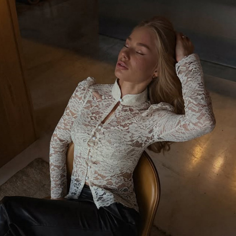 French Socialite Pure Desire Style Stand-Up Collar Lace Hollow Long-Sleeved Shirt Slim Fit Versatile Bottoming Shirt for Outer Wear and Inner Wear Fashion