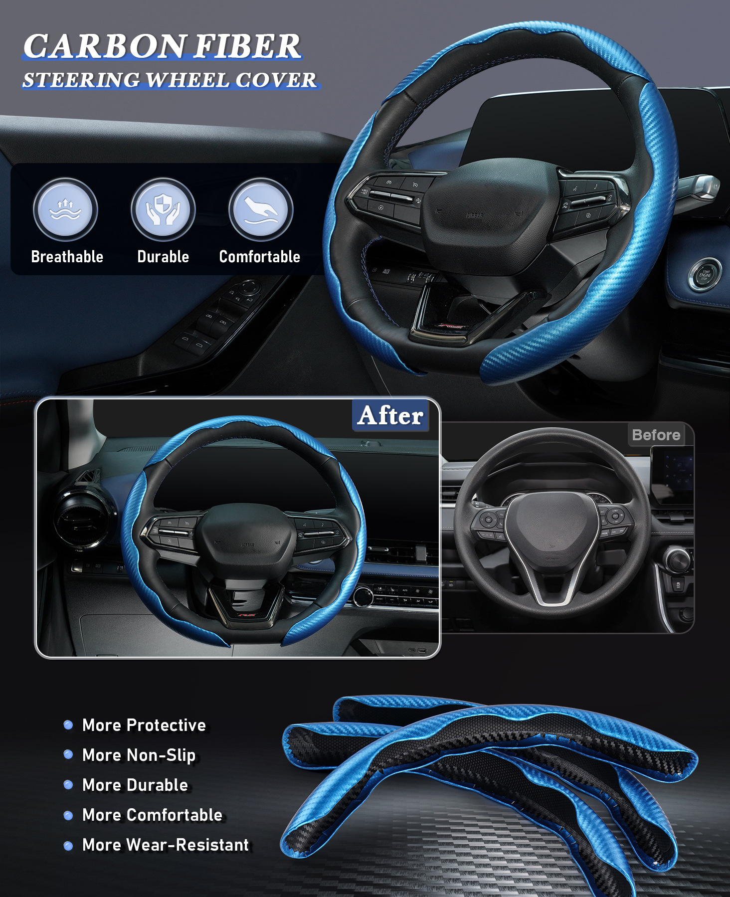Cross-border car carbon fiber steering wheel cover three-piece non-slip wear-resistant butterfly wing design sports wind buckle