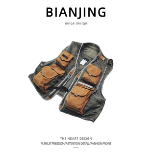 American Retro Functional Tooling Fishing Vest Men's and Women's Loose Breathable Stitching Mesh Multi-Pocket Outdoor Jacket for Men