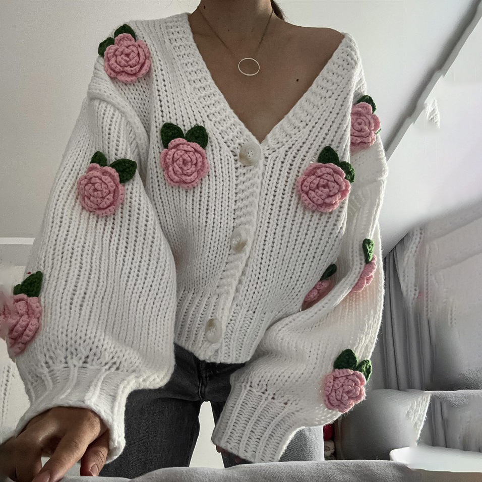 Damen-Cardigan mit 3D-Rosenstickerei, V-Ausschnitt, lockere Passform, warm, für Herbst und Winter, würziger Kontrastfarben-Stil_voghion.com