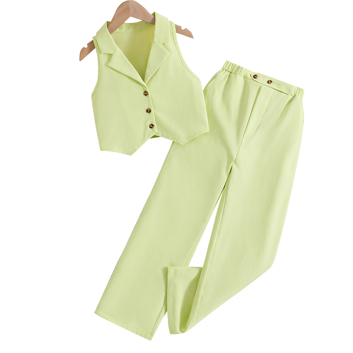 Traje para niños Verano coreano cardigan sin mangas traje corto top pantalones de dos piezas para niñas ropa infantil transfronteriza