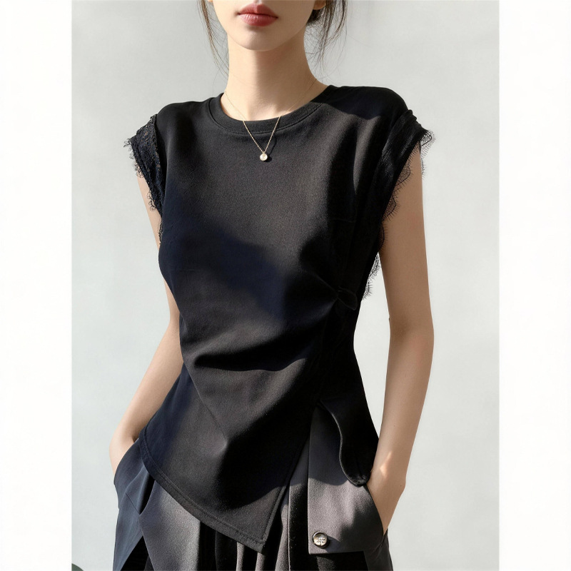 Áo thun nữ cổ tròn tay ngắn ren nối eo chẻ ngọn phong cách phương Tây — màu đen chi tiết 4