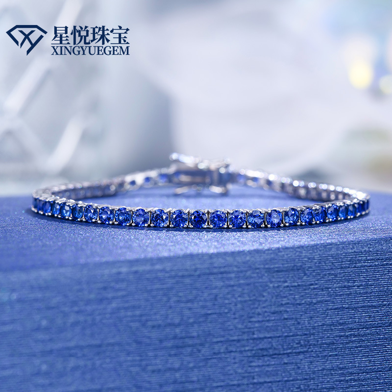 Cross-Border Cultured Sapphire Bracelet for Women, Silver Cultured Gemstone Tennis Chain, Simple and Elegant Hand Jewelry Wholesale