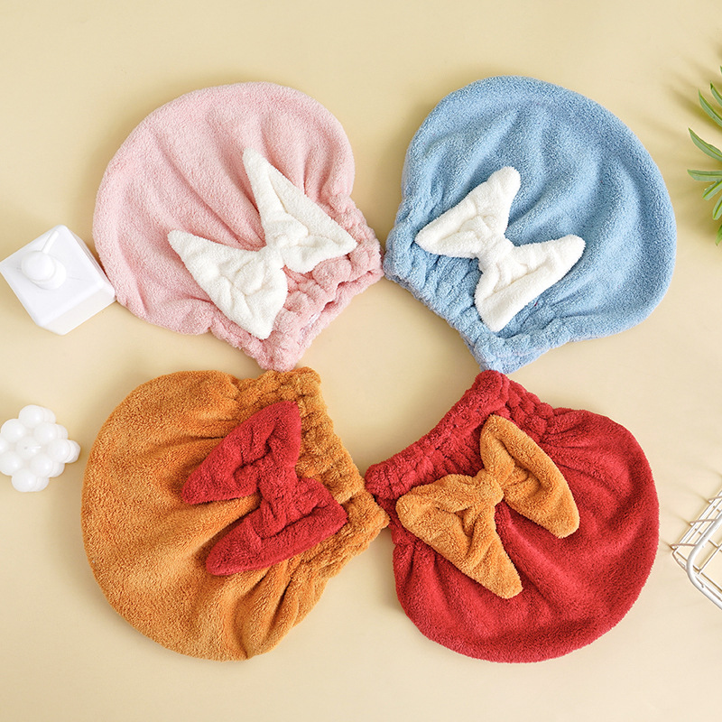 Dry hair hat with large bow, water-absorbent coral velvet dry hair hat, daily necessities wholesale bath hat, quick-drying dry hair hat