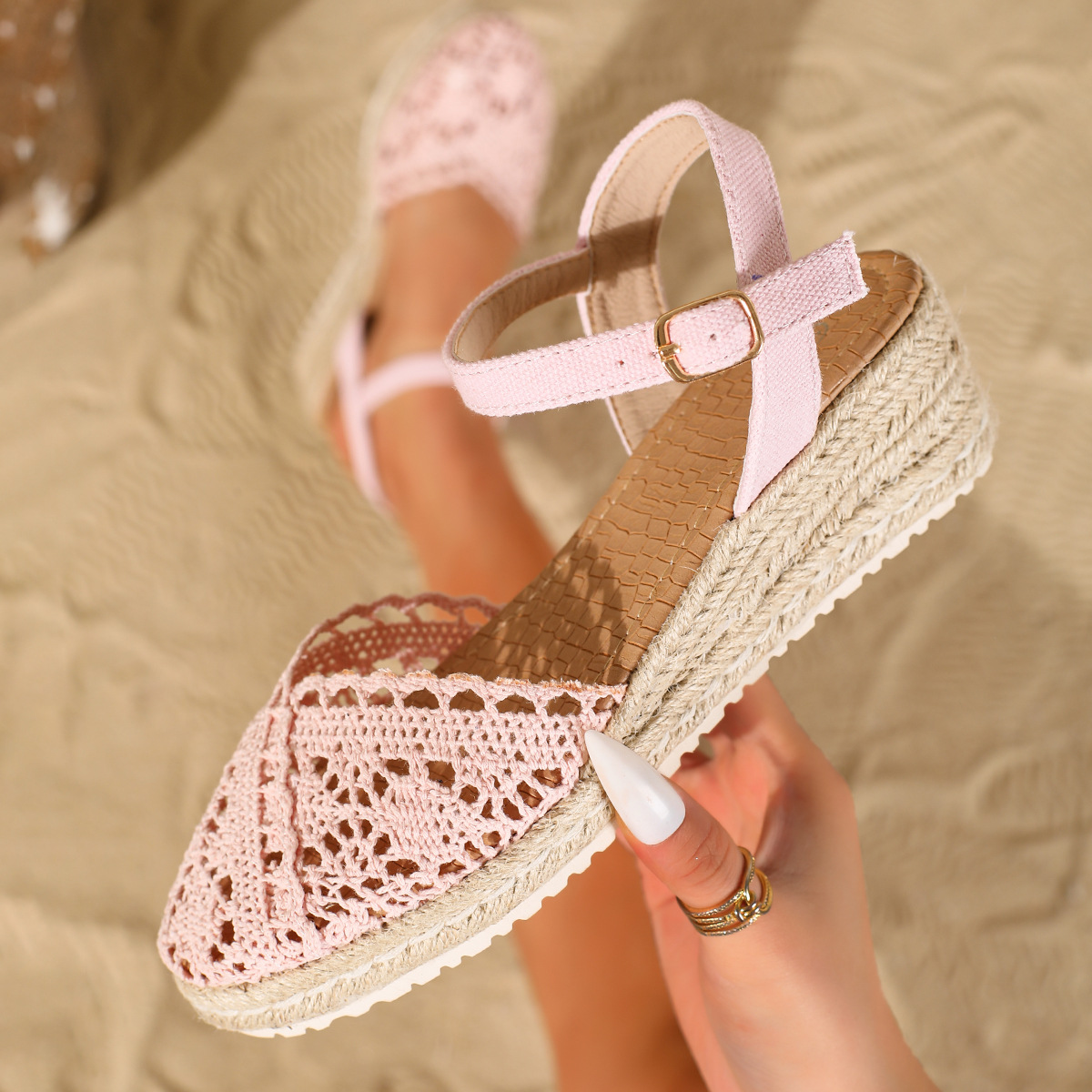 Sandalias de Cuña con Suela Tejida Transpirable con Hebilla Suela EVA