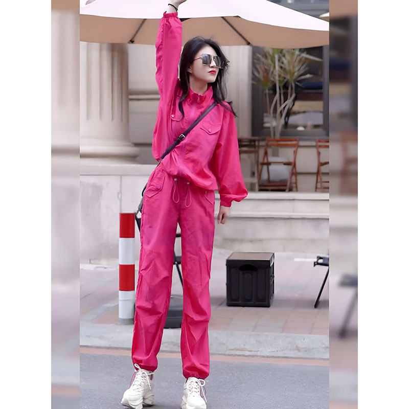 ローズレッドカジュアルスポーツスーツ女性用アウトドアフィットネスランニング巾着ジャケットレギンスパンツ春服一式セット|undefined