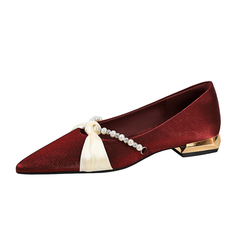 83925-1 Pearl Ribbon Red Xiuhe Wedding Shoes Women's Silk Coarse Heel Low Heel Bridal Shoes Not Tired Feet Single Shoes Women