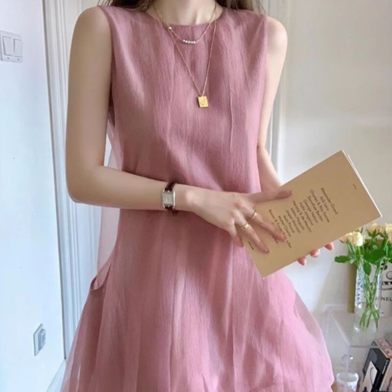 French-Style Gentle and Sweet Pink Sleeveless Women's Dress, New Summer Design for Petite Figures, Elegant Dress