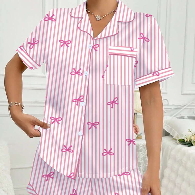 2025 New Model Tk Amazon Valentine's Day Series Striped Bowknot Milk Silk Double Short Pajamas Loungewear 2025 New Model Tk Amazon Valentine's Day Series Striped Bowknot Milk Silk Double Short Pajamas Loungewear