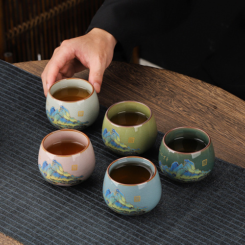 Teacup Chinese Kung Fu Tea Set Master Tea Cup Kiln Transformed Five Elements Ceramic Tea Cup Set Single Cup Creative Gift Cup