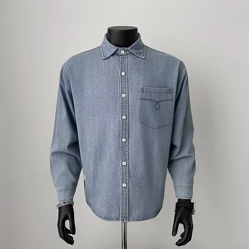 Японская джинсовая рубашка в стиле ретро, ​​мужская рубашка с длинными рукавами на весну и осень, модная брендовая свободная повседневная рубашка с лацканами, куртка