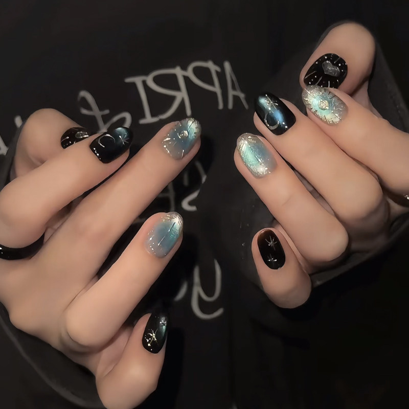 【Blue Heart Cross】Unique Dark-Aesthetic Deep Sea Blue Cat Eye Gel 3D Metallic Cross Heart Press-On Nails 【Blue Heart Cross】Unique Dark-Aesthetic Deep Sea Blue Cat Eye Gel 3D Metallic Cross Heart Press-On Nails