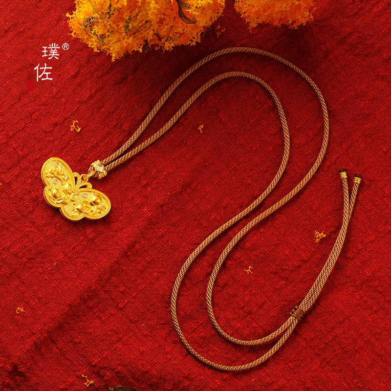 璞佐金店同款沙金diy配件镶钻浮绘翩蝶吊坠项链女精致复古锁骨链|undefined
