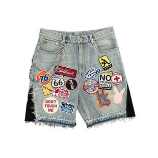 European and American Cross-Border 2025 New Spring and Summer Trendy Personalized Fashion High Street Wasteland Style Embroidered Patchwork Denim Shorts