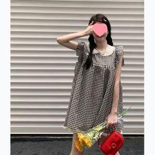 日系甜美可爱连衣裙蕾丝飞飞袖减龄洋气格子宽松遮肉显瘦娃娃裙夏