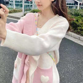 拼色针织开衫新款秋季秋冬宽松可爱风口袋木耳边绵羊绒毛衣女
