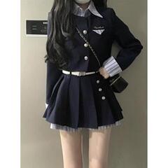 小个子气质藏青学院风假两件上衣秋秋显瘦辣妹黑色小众长袖套装女