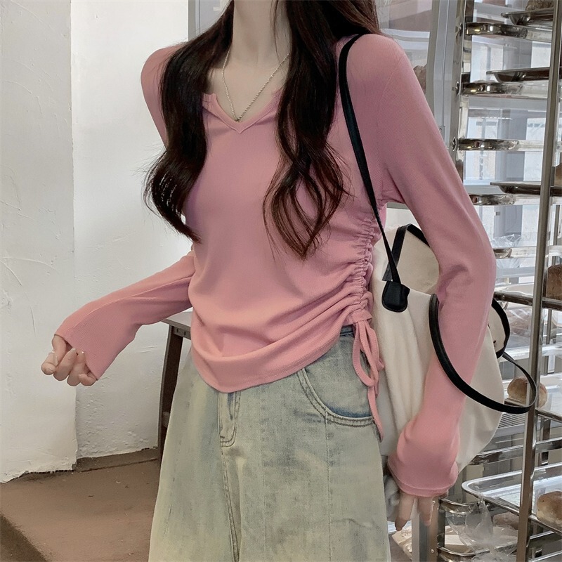 V Neck Drawstring Niche Slimming Look Long-Sleeved T-Shirt for Women in Autum Slim Design Chic Short Top with Bottoming Shirt V Neck Drawstring Niche Slimming Look Long-Sleeved T-Shirt for Women in Autum Slim Design Chic Short Top with Bottoming Shirt