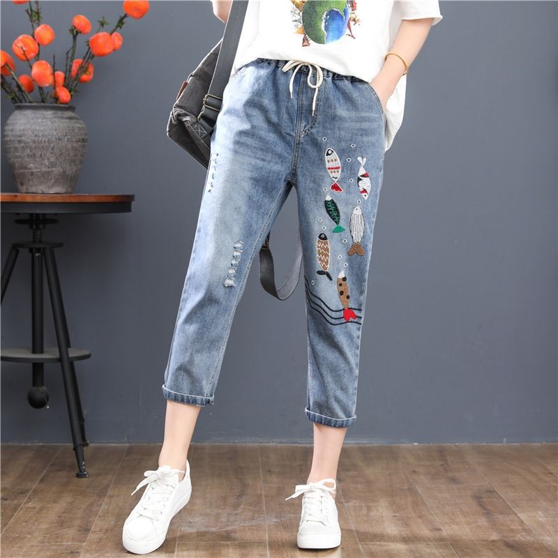New Chinese Style Retro Embroidered Washed Cropped Jeans for Women, Summer New Lace-Up Elastic Waist Slimming Harem Pants