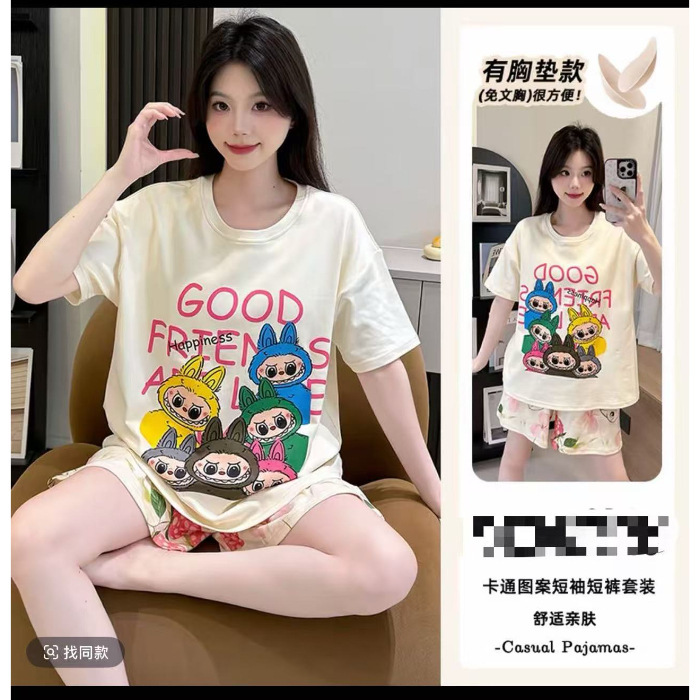 带胸垫睡衣女爆款短袖短裤夏季家居服云朵棉套装休闲少女可外穿|undefined